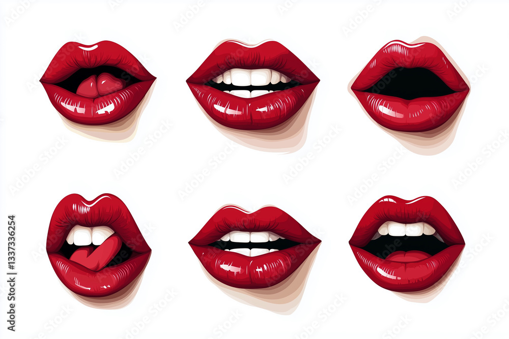 Fototapeta premium series of red lips with varying expressions. The lips are shown in different stages of being open, closed, and with tongues sticking out. The images convey a sense of playfulness and humor