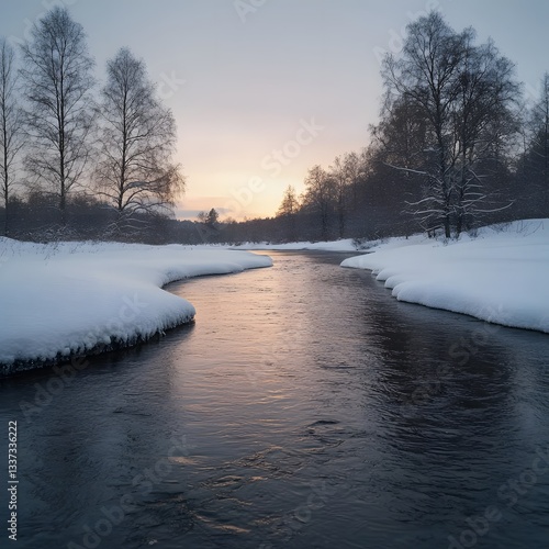 Winter sunset over snowy river, tranquil forest background, nature scene