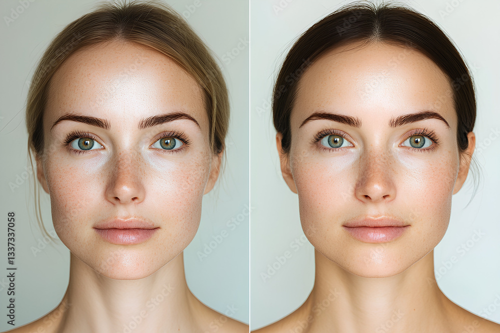 Comparison of facial skin before and after skincare or cosmetic treatment Comparison of facial skin before and after skincare or cosmetic treatment