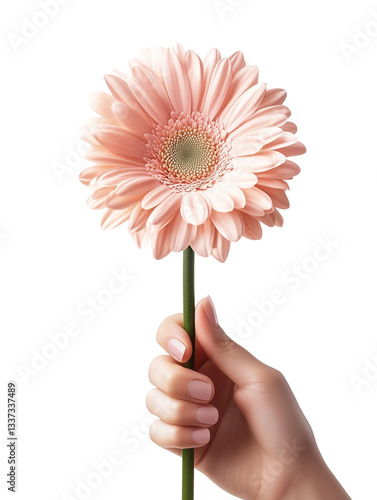 Hand holding a pink gerbera daisy. Transparent background PNG, ideal for spring or natural-themed visuals