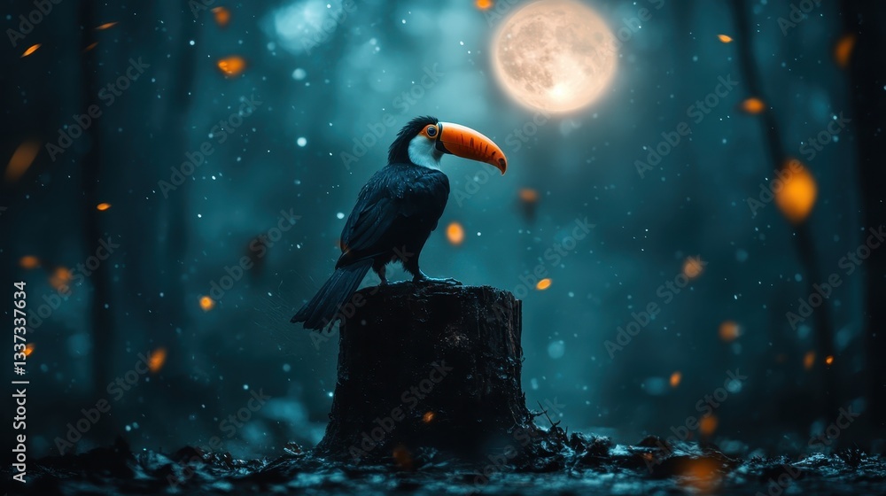 Obraz premium A vibrant toucan stands on a stump, illuminated by a full moon with falling leaves, combining wildlife and enchanting scenery in a magical nighttime forest.