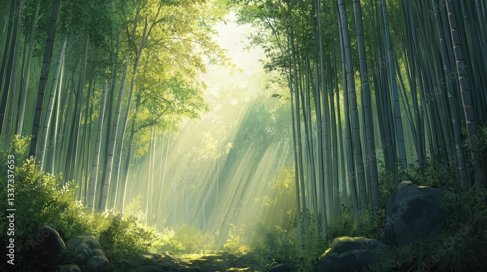 Obraz premium The sunlit bamboo forest with rays of light streaming through
