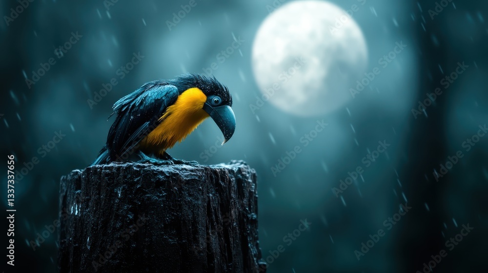 Obraz premium A colorful toucan stands against a rainy moonlit backdrop, evoking feelings of melancholy and contemplation in a captivating natural setting.