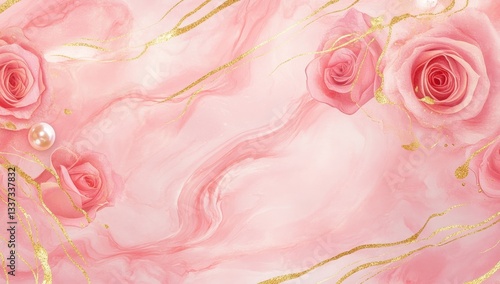 Fototapeta Naklejka Na Ścianę i Meble -  Delicate pink rose and pearl design with gold accents.  A gentle, flowing abstract background featuring pink roses, pearls, and gold marbling