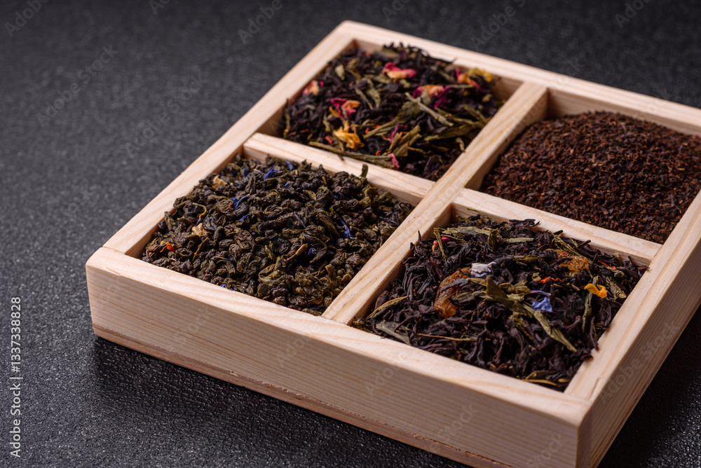 Different kind of Dry tea green, black, mint, rose and chamomile Different kind of Dry tea green, black, mint, rose and chamomile