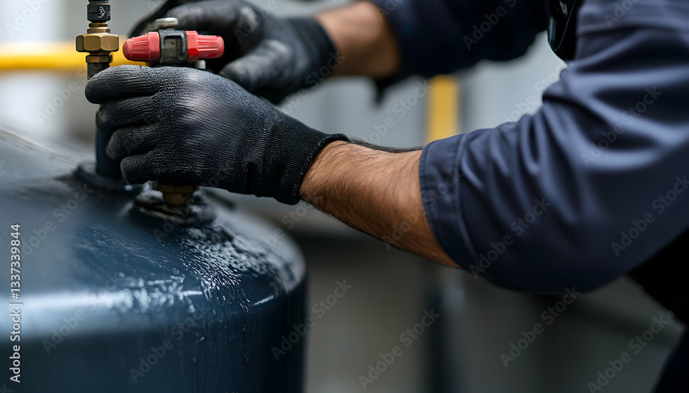 Fototapeta premium Skilled technician fixing a leaking water storage tank using specialized tools and replacement components to restore proper function and prevent further damage