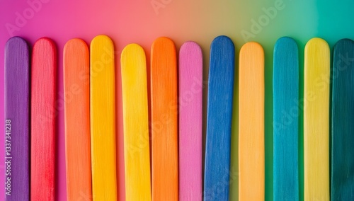 Vibrant colorful wooden popsicle sticks arranged in a row