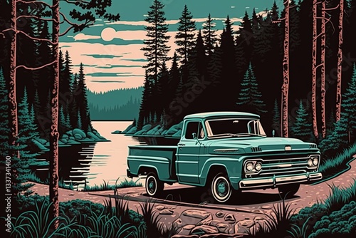 Vintage Truck at Lakeside: An inviting vintage truck parked on a dirt road by a serene lake, backed by a towering forest under a twilight sky, offers a sense of adventure and escape.