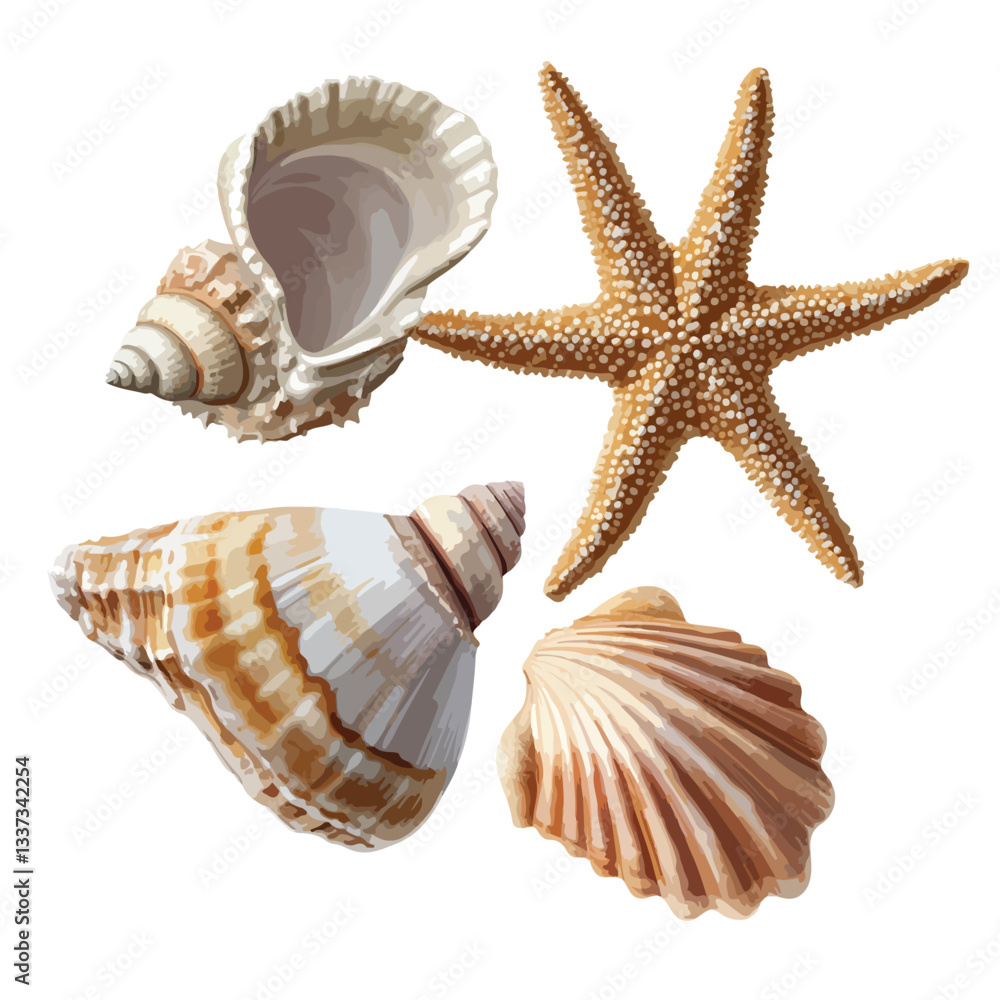 Vibrant 3D Render of Starfish, Conch Shell, and Seashell Vibrant 3D Render of Starfish, Conch Shell, and Seashell