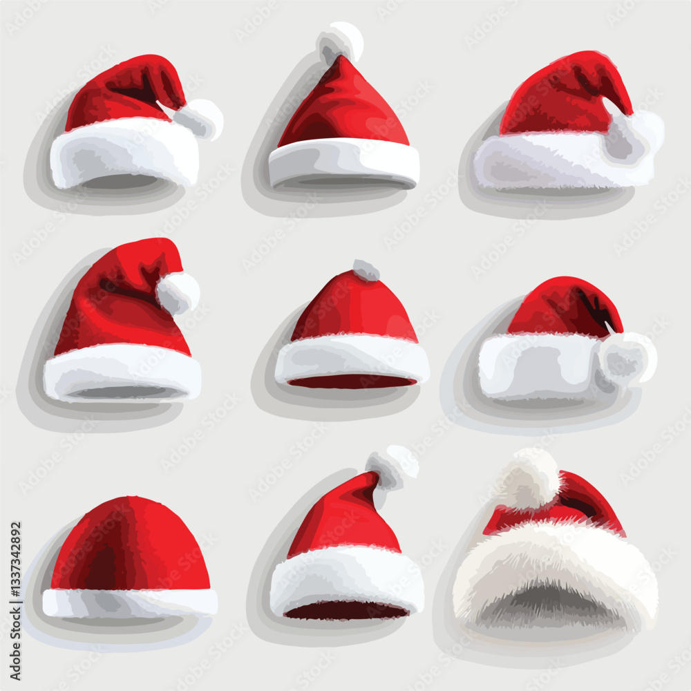 Realistic 3D Santa Hats - Modern Christmas Hat Vector Illustration Realistic 3D Santa Hats - Modern Christmas Hat Vector Illustration