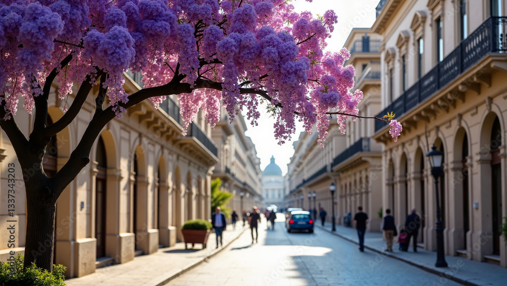 Fototapeta premium Street view with blooming purple tree and people walking