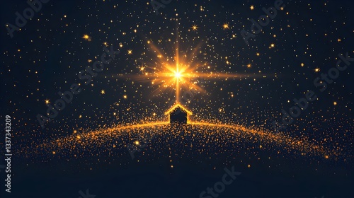 The sparkling gold dust and the deep, starry night sky create a sense of awe and reverence. This image captures the spiritual essence of Christmas, making it ideal for religious-themed projects.
