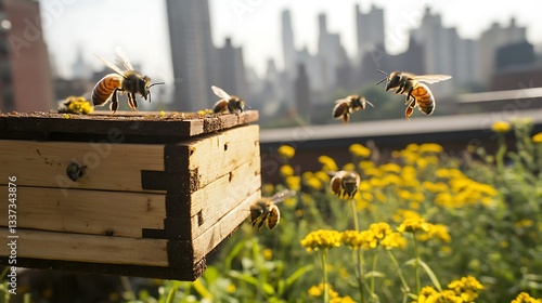 Bees flying around a wooden beehive on a rooftop garden with a city backdrop.