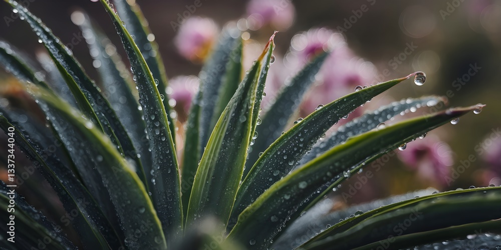 Raindrops on Spiky Leaves: A close-up view of dew-kissed foliage with pink blooms in the background, showcasing nature's beauty. Raindrops on Spiky Leaves: A close-up view of dew-kissed foliage with pink blooms in the background, showcasing nature's beauty.