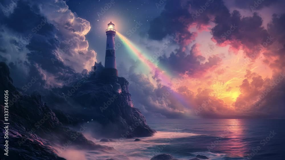 Midnight lighthouse illuminates rocky coastline with enchanting rainbow beams of light
Midnight lighthouse illuminates rocky coastline with enchanting rainbow beams of light
