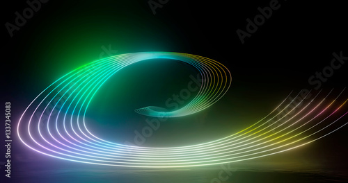 3D rendering, abstract panoramic background with neon light. Laser show, pulses, equalizer, spectrum and energy pulsating lines.