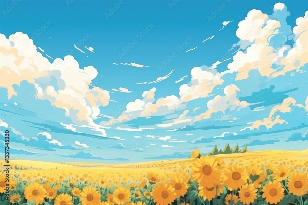 Naklejka premium Sunflower field with clouds and blue sky landscape outdoors nature.