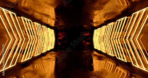 3d render. Geometric figure in neon light against a dark tunnel. Laser glow.
