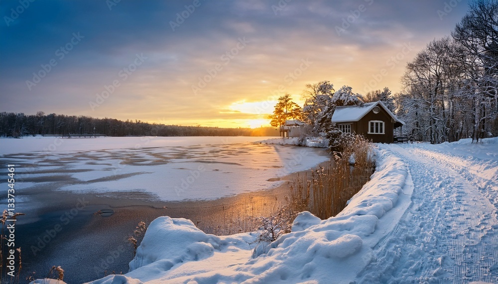 winter sunset on the house cover with snow winter sunset on the house cover with snow