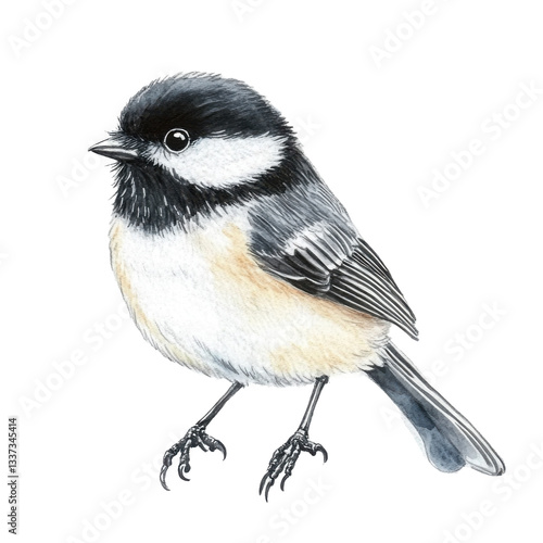 great tit, detailed watercolor black capped chickadee birds wildlife painting realistic nature illustration for prints 
