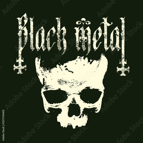 Vector illustration with human skull and inscription 
 black metal in grunge style on dark background. Symbol of Satanism, Baphomet. T-shirt design, poster, banner, music cover, flyer