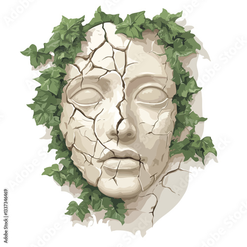 Broken Plaster Face Sculpture on Wall: Abstract Artistic Image