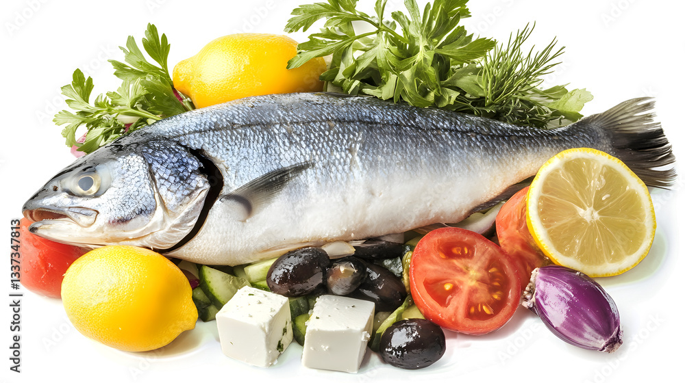 A fish is on a plate with vegetables and fruit. The fish is surrounded by tomatoes, cucumbers, and onions. The plate is white and the fish is the main focus of the image A fish is on a plate with vegetables and fruit. The fish is surrounded by tomatoes, cucumbers, and onions. The plate is white and the fish is the main focus of the image