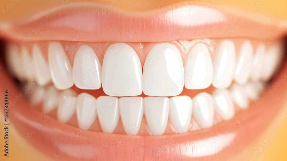 Obraz premium Bright smile showcasing perfect teeth, close-up of dental aesthetics with gleaming white enamel and healthy gums, inviting for dental promotions.