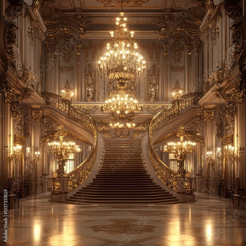 Grand staircase, opulent ballroom, palace interior, golden chandeliers, elegant background; event backdrop