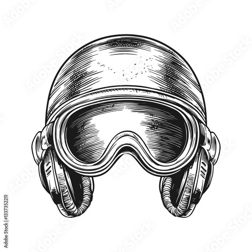 Detailed Vintage Engraving of a Classic Ski Helmet Design