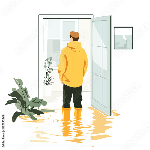 Man in Rubber Boots Standing in Flooded House