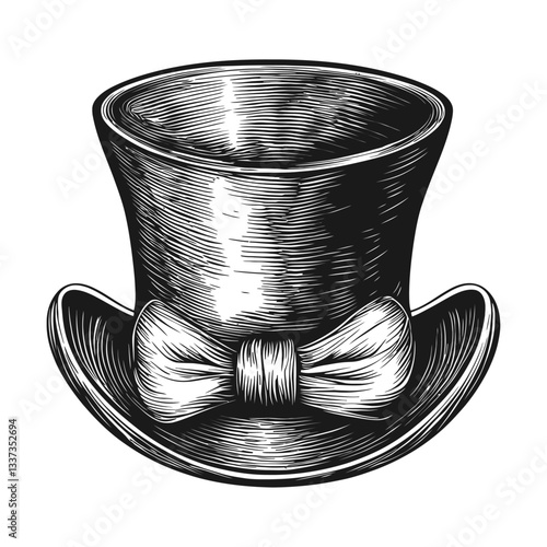 Vintage Engraved Top Hat Illustration with Bow Tie Detail