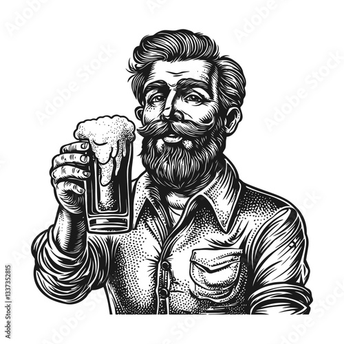 Vintage Style Engraving of a Bearded Man Holding a Beer Glass