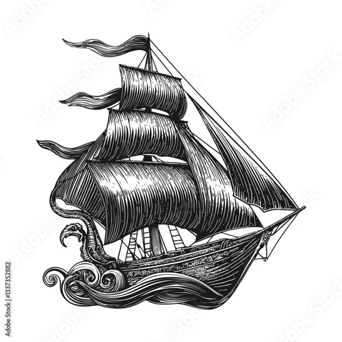 Detailed Engraving of a Historic Sailboat on Turbulent Waves