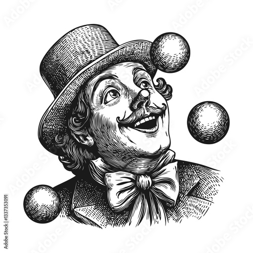 Vintage Engraving of Joyful Clown Juggling Spheres in Hat