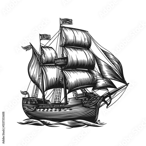 Detailed Black and White Engraving of a Traditional Sailing Ship