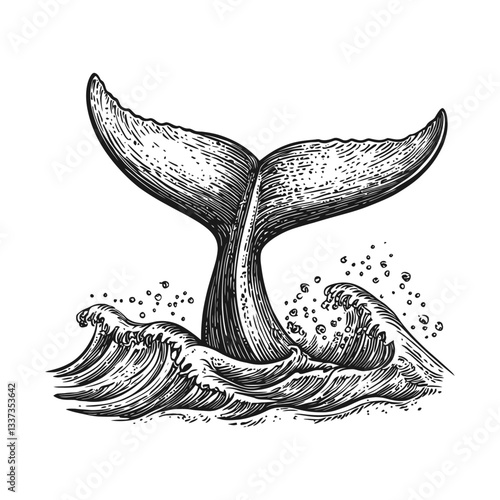 Detailed Engraving of a Whale Tail Breaking the Ocean Surface