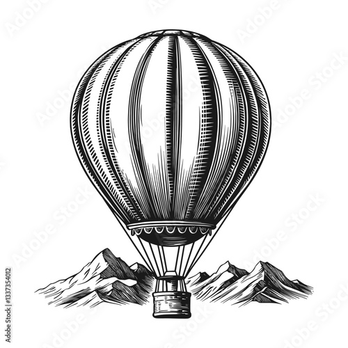 Vintage Hot Air Balloon over Scenic Mountain Landscape Engraving