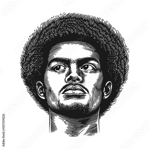 Detailed Engraving of a Man with an Afro Hairstyle in Portrait Style