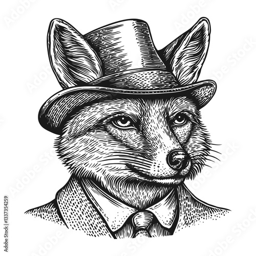 Vintage Engraving of a Fox Wearing a Top Hat and Formal Attire