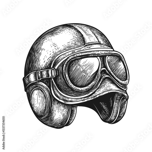 Vintage Engraving of a Classic Aviator Helmet and Goggles