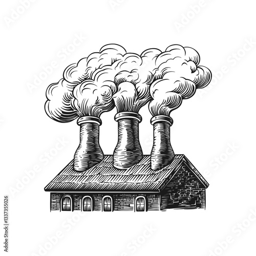 Vintage Engraving of a Factory with Smokestacks and Emitting Smoke