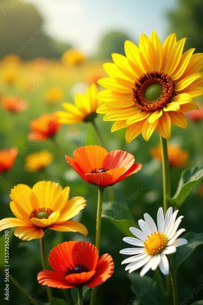 Vibrant sunflowers, poppies, and daisies in full bloom, bloom, field Vibrant sunflowers, poppies, and daisies in full bloom, bloom, field