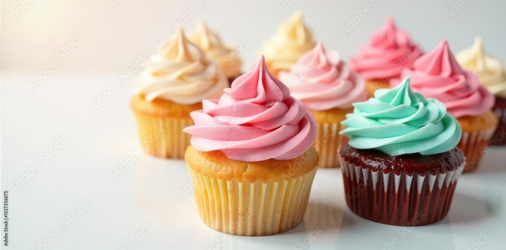Assorted brightly frosted cupcakes, pristine white setting, bakery, green Assorted brightly frosted cupcakes, pristine white setting, bakery, green