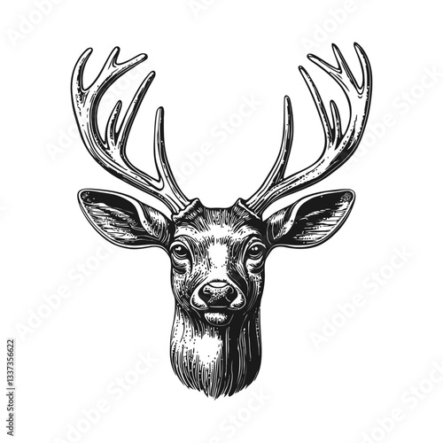 Detailed Engraving of a Stag Head with Majestic Antlers