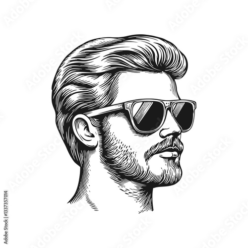 Vintage Engraving of a Man with Sunglasses and Stylish Hair