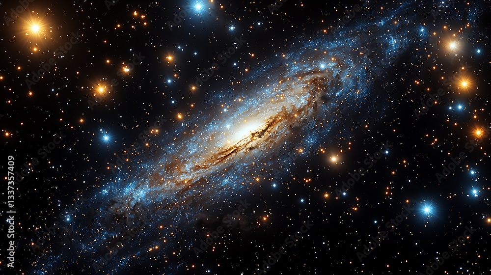 Naklejka premium Bright cosmic nebula with twinkling stars high resolution background