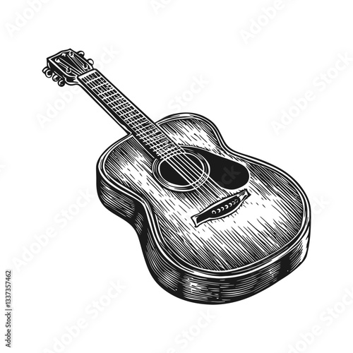Detailed Engraving of an Acoustic Guitar in Black and White Style