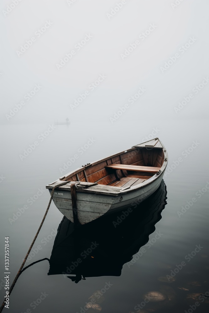 Obraz premium Solitary Boat on a Misty Lake: A solitary wooden boat floats serenely on the misty surface of a tranquil lake, its reflection shimmering softly, creating a scene of calmness and solitude.