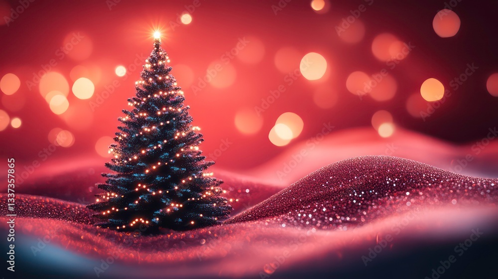 Christmas tree in red sparkly snowy landscape. Festive holiday scene. Possible use Greeting card, social media post Christmas tree in red sparkly snowy landscape. Festive holiday scene. Possible use Greeting card, social media post